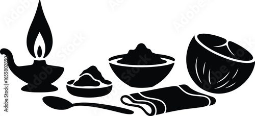 Collection of indian spiritual pooja ceremony elements featuring a distinctive silhouette style