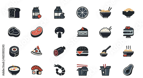 Vector food and Drink icons set | Include slice of bread, milk carton, lemon slice, noodle bowl, cheese wedge, steak, mushroom, rice bowl, cake slice, swiss roll, hamburger, pizza slice, sausage, ham