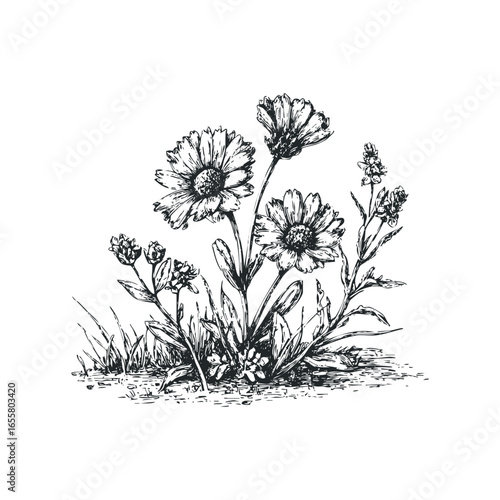 Wallpaper Mural Detailed ink sketch of blooming marigolds and green foliage on a white background Torontodigital.ca