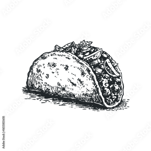 Hand Drawn Sketch of a Delicious Taco with Fresh Toppings