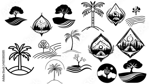 Diverse Nature, Landscape, and Outdoor Adventure Vector Icon Set

