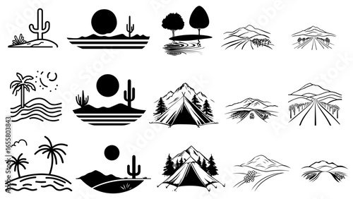 Diverse Outdoor Adventure and Landscape Vector Graphics Collection

