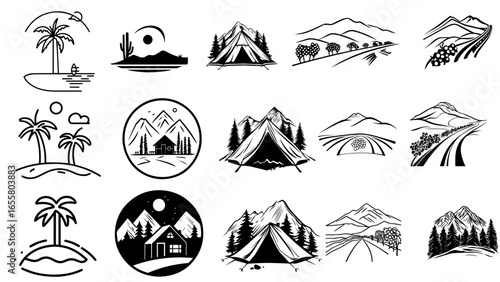 Outdoor Adventure Monoline Vector Icon Set: Camping, Mountains, and Tropical Islands


