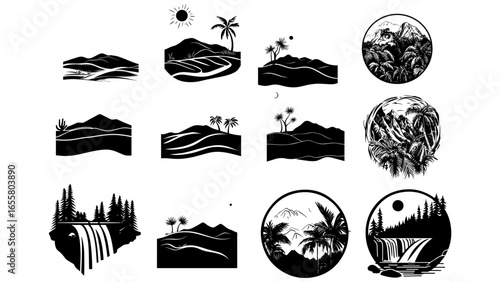 Monoline Cactus and Desert Landscape Line Art Icon Set

