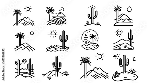 Monoline Tropical and Desert Landscape Icon Set

