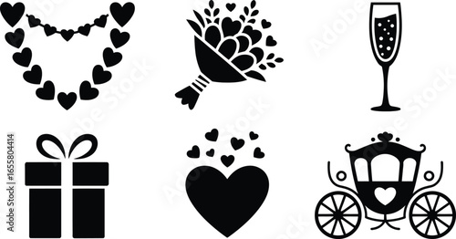 Collection of wedding celebration and romance icons featuring a distinctive silhouette style