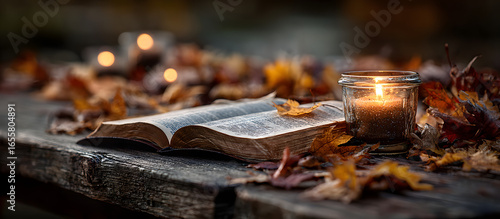 Open Bible with Candlelight on Wooden Table Surrounded by Autumn Leaves, Quiet Study Time, Daily Devotion, Faith, Reflection