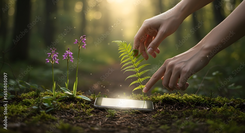 Fototapeta premium Hands Touching Fern by Glowing Smartphone in Sunlit Forest