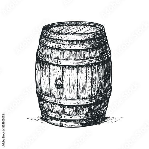 Wooden barrel with metal bands in scratchboard style