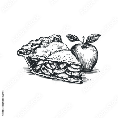 Slice of apple pie with whole apple and leaves