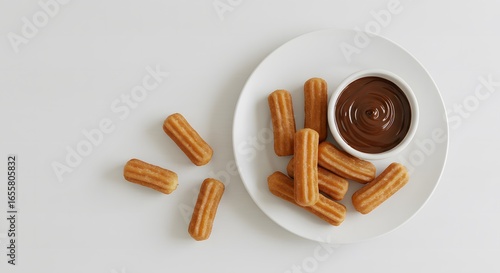 Mini Churros with Chocolate Dipping Sauce on White Plate