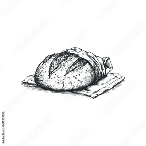 Rustic Artisan Loaf Wrapped in Cloth on Napkin Sketch