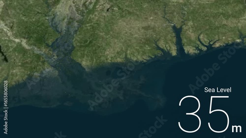 Earth map animation with rising sea level indicator and coastal elevation display