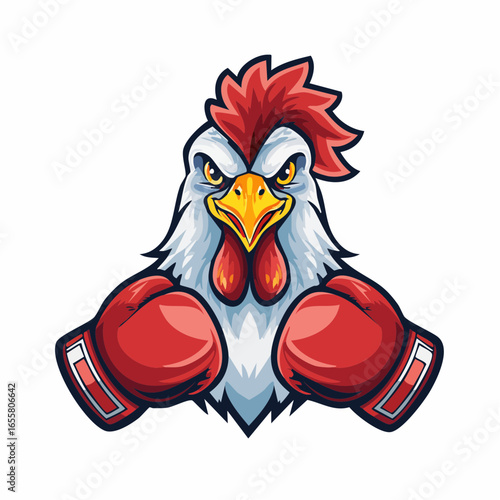 A bold illustration of a rooster wearing red boxing gloves with an intense and aggressive expression, ideal for a brand mascot, logo, or emblem for a sports team, boxing club