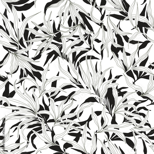 A black and white pattern featuring intricate, stylized leaves on a white background, creating a dynamic botanical design, surface design can use in dress, pillow, curtains.