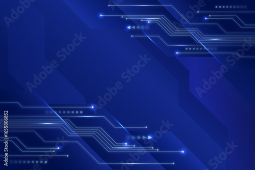 A dark blue background with intricate, glowing blue lines and dots resembling a digital circuit board or data flow.