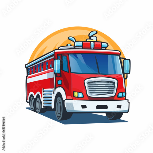 A professional cartoon illustration of a red fire truck with an extendable ladder and emergency lights, ideal for designs related to emergency services, fire safety, public service, or children's book