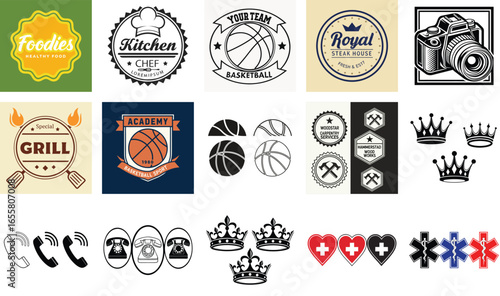 Variety of logos for food sports photography and medical services foodies logo kitchen logo