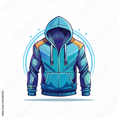 A bold illustration of an anonymous person in a blue hoodie with the hood pulled up, set against a circular, technological emblem. This design is perfect for a logo or mascot for a tech, gaming