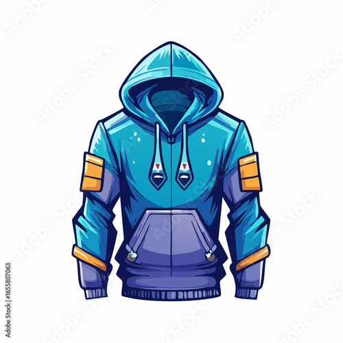 A bold illustration of an anonymous person in a blue hoodie with the hood pulled up, set against a circular, technological emblem. This design is perfect for a logo or mascot for a tech, gaming