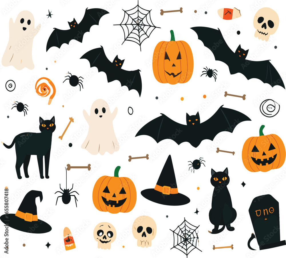 Fototapeta premium A festive collection of hand-drawn Halloween icons, including pumpkins, ghosts, bats, and black cats. art of illustration or background