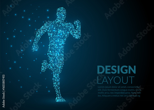 A dynamic, glowing blue digital human figure in motion, composed of interconnected lines and particles against a dark background.
