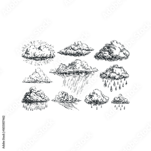 Collection of hand-drawn clouds showing rain and lightning effects