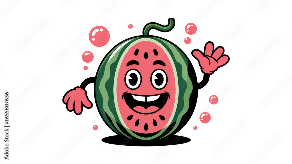 Fototapeta premium Happy Watermelon Character Waving, Summer Fruit Cartoon Illustration