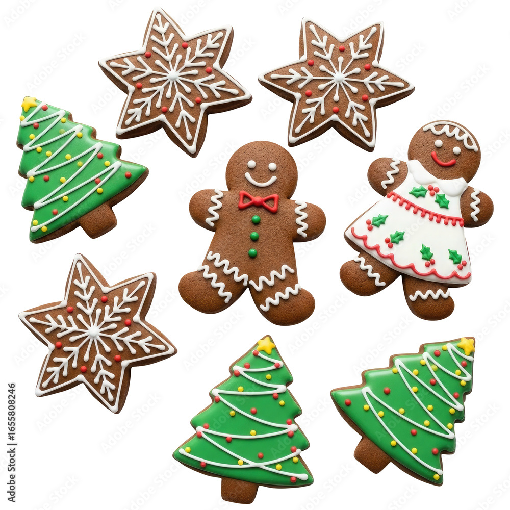 Fototapeta premium A Top View of Various Christmas Gingerbread Cookies, Cut Out, Clipping Path, Isolated on a Transparent PNG Background.