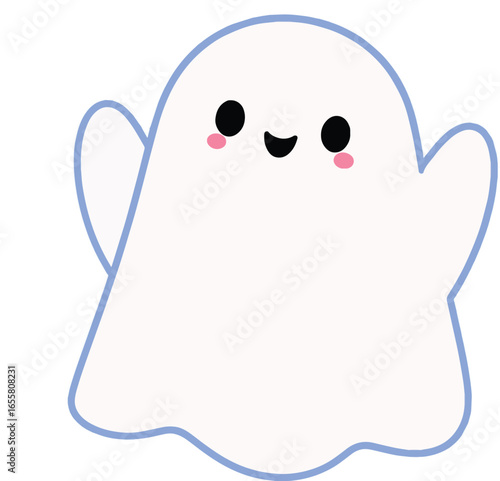 Charming and cheerful kawaii ghost illustration. A friendly, smiling phantom character waving happily for a cute Halloween design.