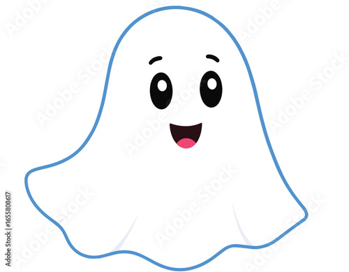 Cute friendly ghost cartoon character smiling happily. Adorable spooky spirit illustration for Halloween, isolated on a white background.