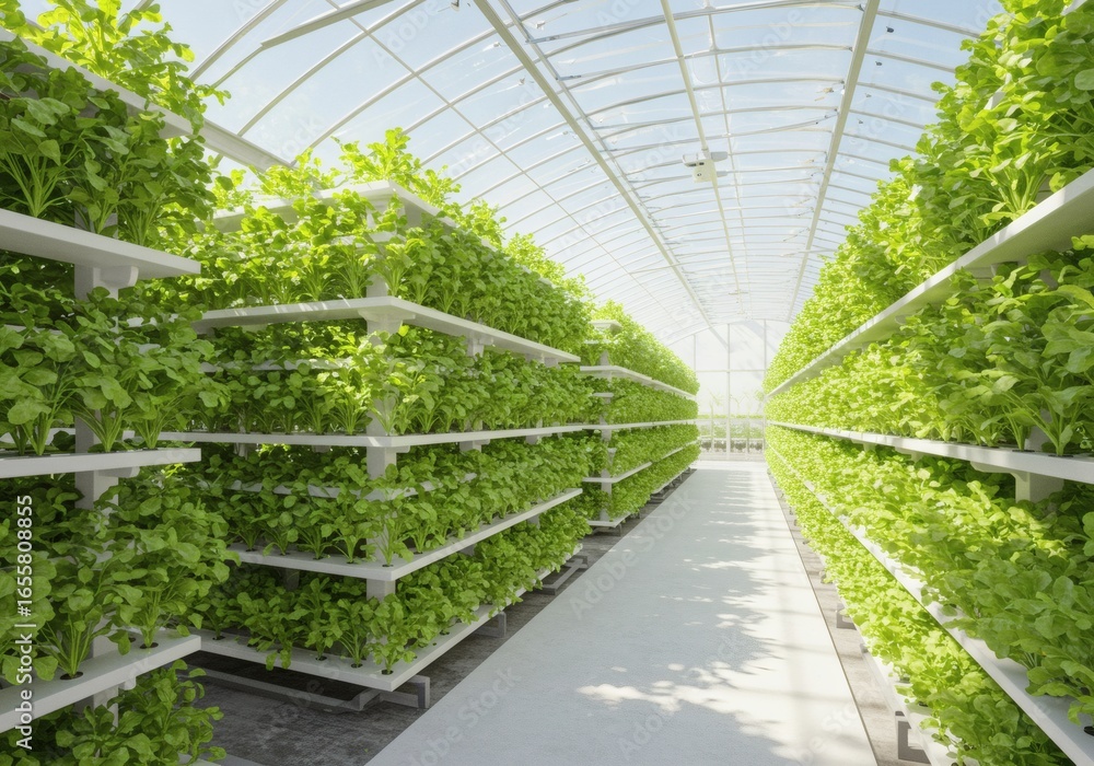 Fototapeta premium Vertical Farming Revolution Sustainable Agriculture in Modern Hydroponic Greenhouses