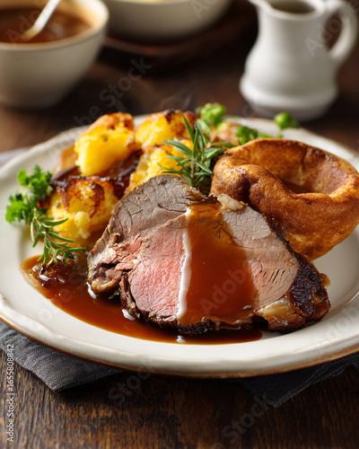 plate of roast beef with Yorkshire pudding and gravy, traditional British dish on white