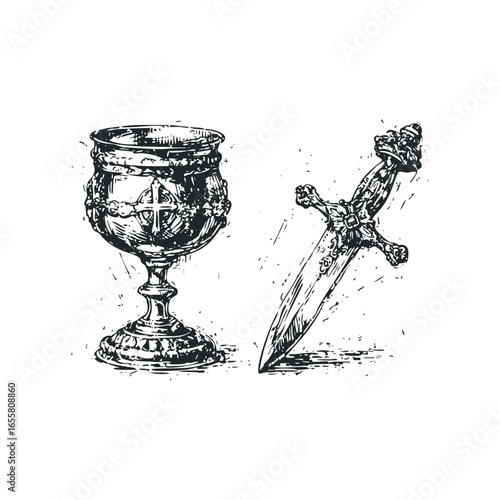 Antique ornate chalice and ceremonial dagger with ornate handle