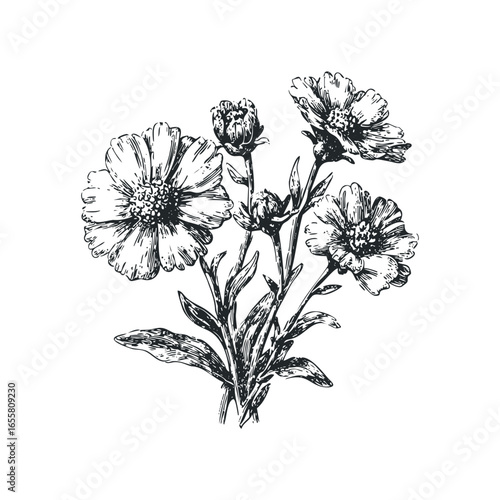 Vintage Ink Drawing of Aster Flowers on White Background