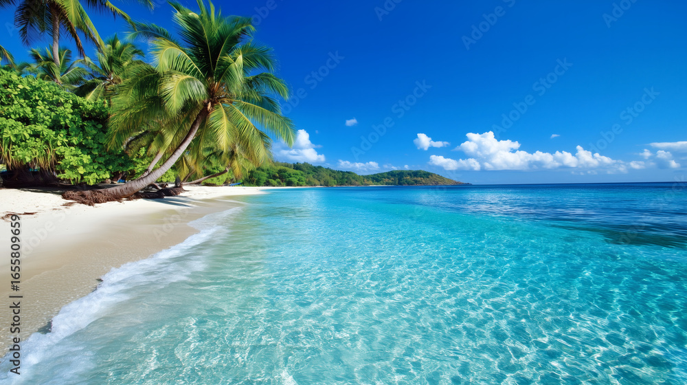 Fototapeta premium Idyllic island beach with clear turquoise water and lush tropical greenery.