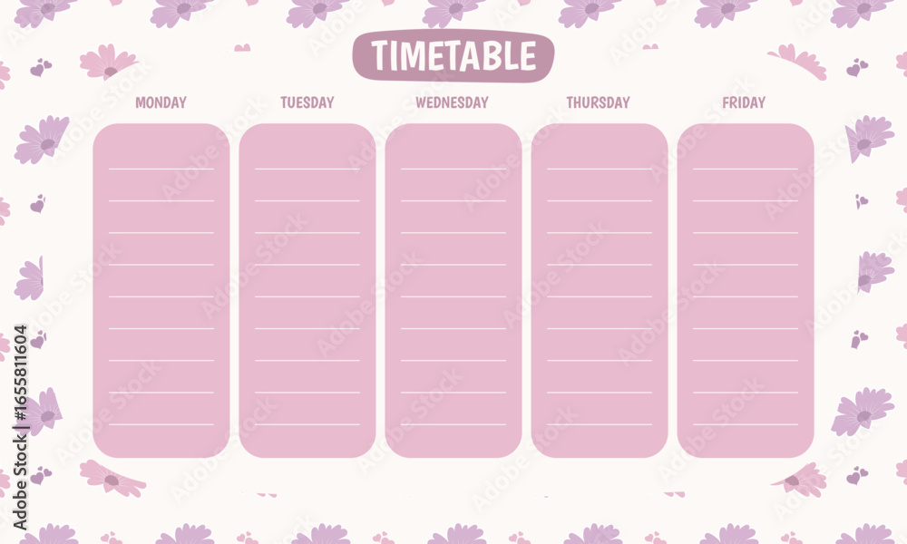 Cute kawaii printable school timetable with pastel purple floral background Cute kawaii printable school timetable with pastel purple floral background