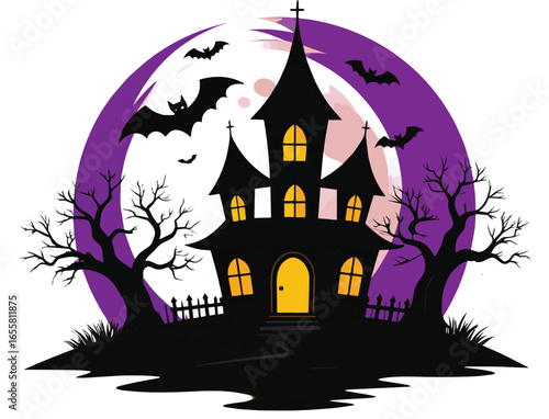 Eerie haunted house silhouette against a vibrant purple moon on Halloween night illustration, with spooky bats and trees.