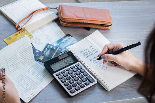 woman hand doing accounting writing debt list in notebook, using calculator manage expenses, surrounded by many invoices and bills, financial planning, budgeting, personal finance management at home