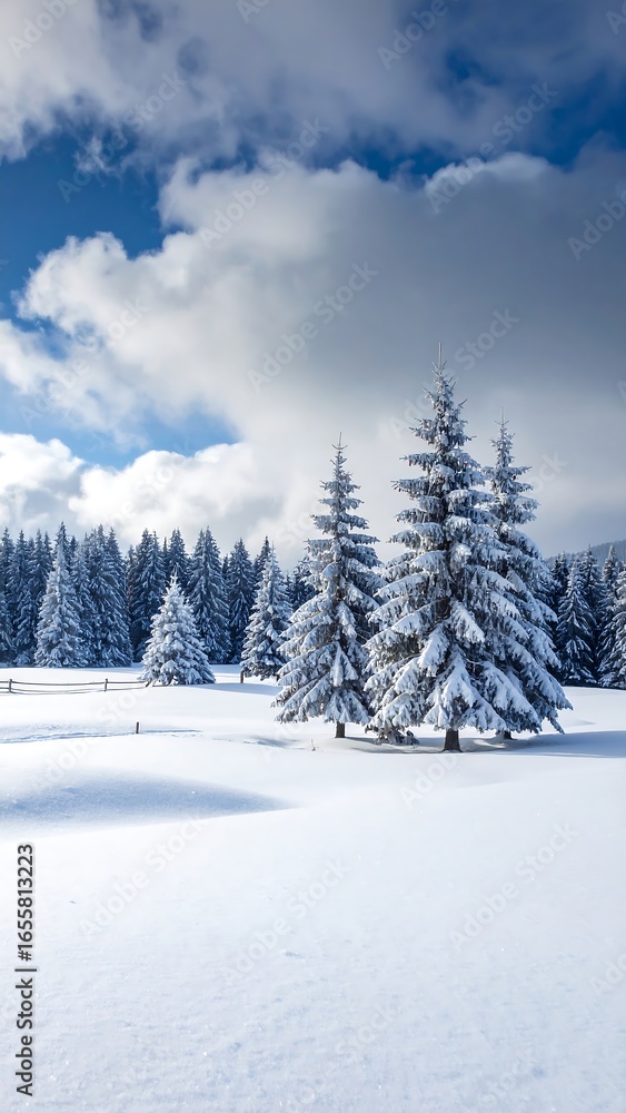 Fototapeta premium Snowy winter landscape with pine trees