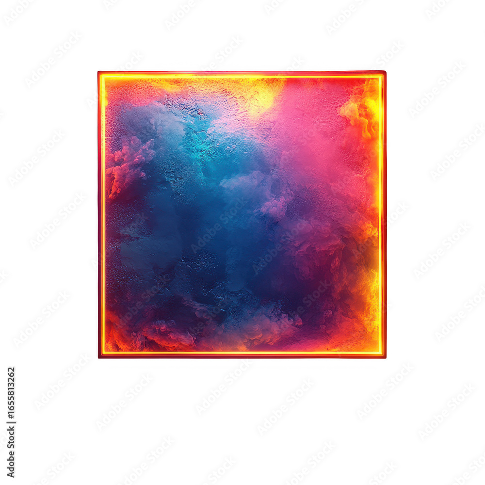 Naklejka premium Vibrant abstract glowing square with fiery orange border and colorful nebula like texture in the center isolated on transparent background