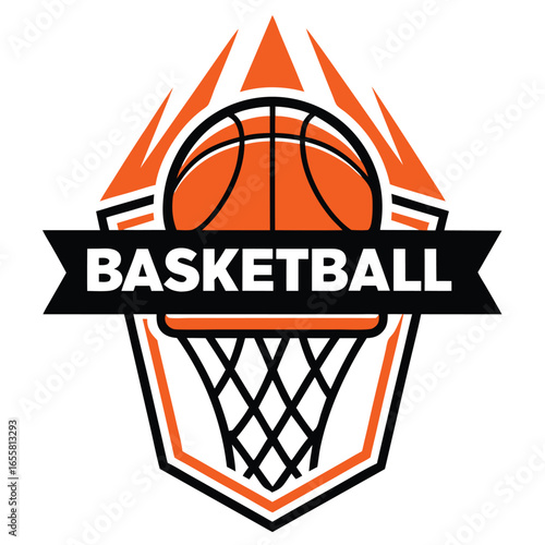 Basketball Logo with Ball and Hoop on White Background sports game