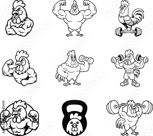 Muscular Rooster Weightlifting Cartoon Mascot Illustrations Set