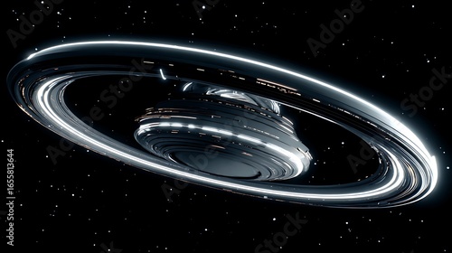 Fototapeta Naklejka Na Ścianę i Meble -  Futuristic space station with ring orbit in dark space, a science fiction concept of exploration and travel through the universe and galaxy