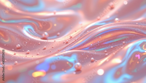 holographic pastel glow theme with peach blush with iridescent blue, fluid holographic stream, shimmering prism particles, low viewpoint shimmer, playful and glowing