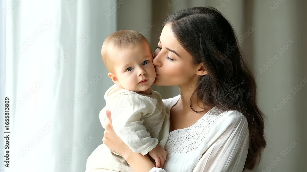 A loving mother embraces her baby at home in soft light A loving mother embraces her baby at home in soft light
