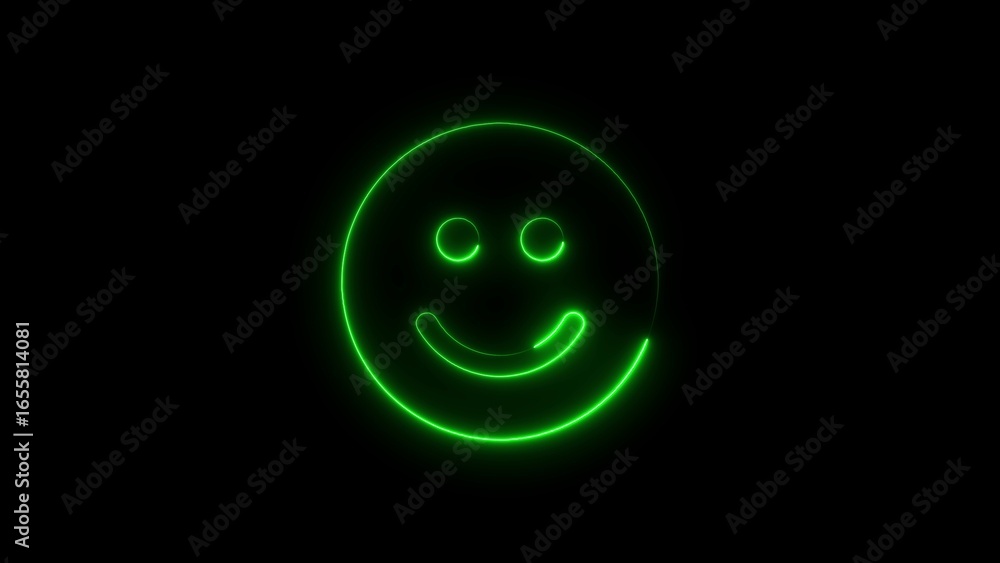 Glowing green neon smiley face against a black background representing happiness Glowing green neon smiley face against a black background representing happiness