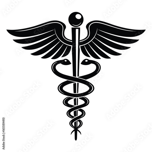 Black Caduceus Medical Symbol with Wings and Two Snakes on White healthcare medicine