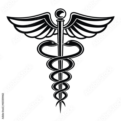 Black Caduceus Medical Symbol with Wings and Two Snakes on White healthcare medicine