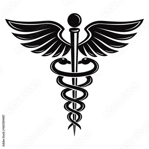 Black Caduceus Medical Symbol with Wings and Two Snakes on White healthcare medicine